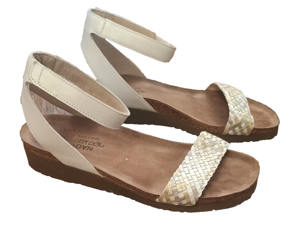 NAOT Abbie Sandals 10 Woven Strap White Metallic silver gold Leather Cork Wedge